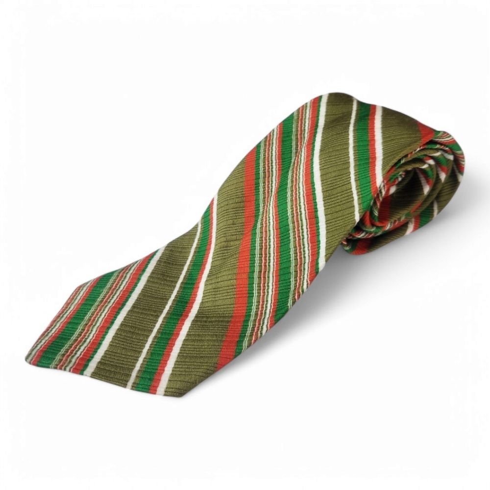 Vintage 70s Retro Striped Tie Olive White Red Suit Holiday Christmas Necktie